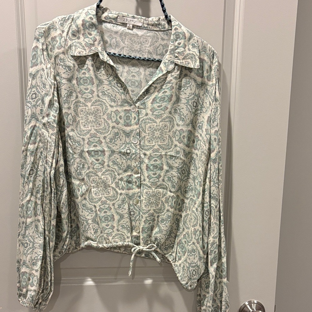 Z Supply  Patterned Blouse - Green and Cream Soft Size Small